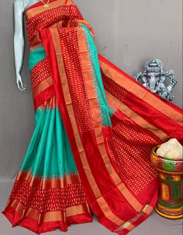 Pochampally-ikkat-Silk-Seagreen-REd-weavesarees.com
